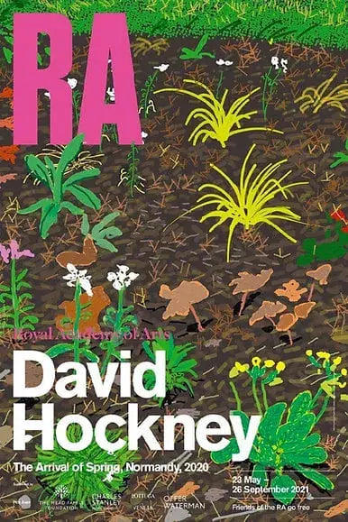 Original David Hockney Royal Academy 2021 offset lithograph exhibition poster featuring vibrant artwork by the renowned artist.