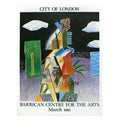 Vintage David Hockney Barbican Centre 1982 original exhibition poster featuring colorful artwork by the artist.
