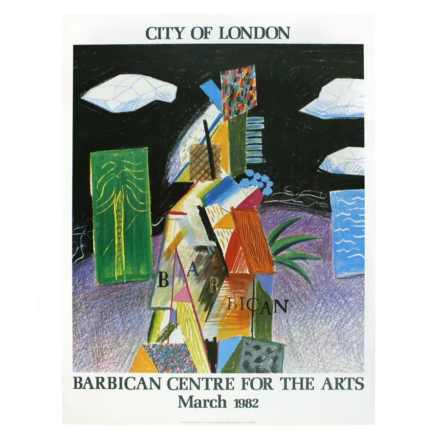 Vintage David Hockney Barbican Centre 1982 original exhibition poster featuring colorful artwork by the artist.