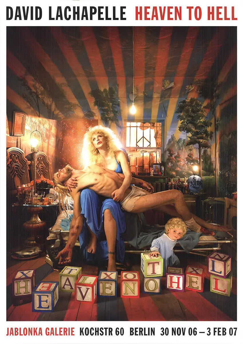 David LaChapelle lithograph poster featuring Kurt Cobain and Courtney Love from the 2006 exhibition, vibrant art print.