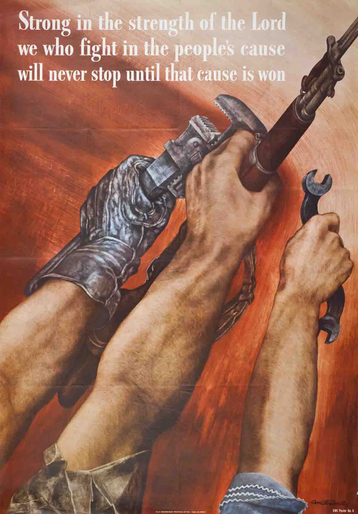 WWII lithograph poster titled "Strong in the Strength" by David Stone Martin, showcasing a 1942 military-themed artwork.