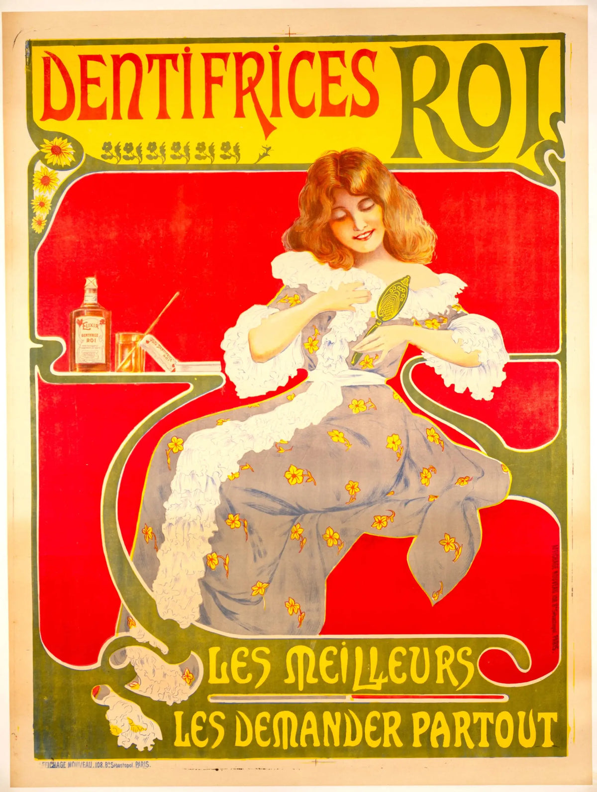 Vintage 1890s Dentifrices Roi French stone lithograph poster showcasing classic dental product advertising style.