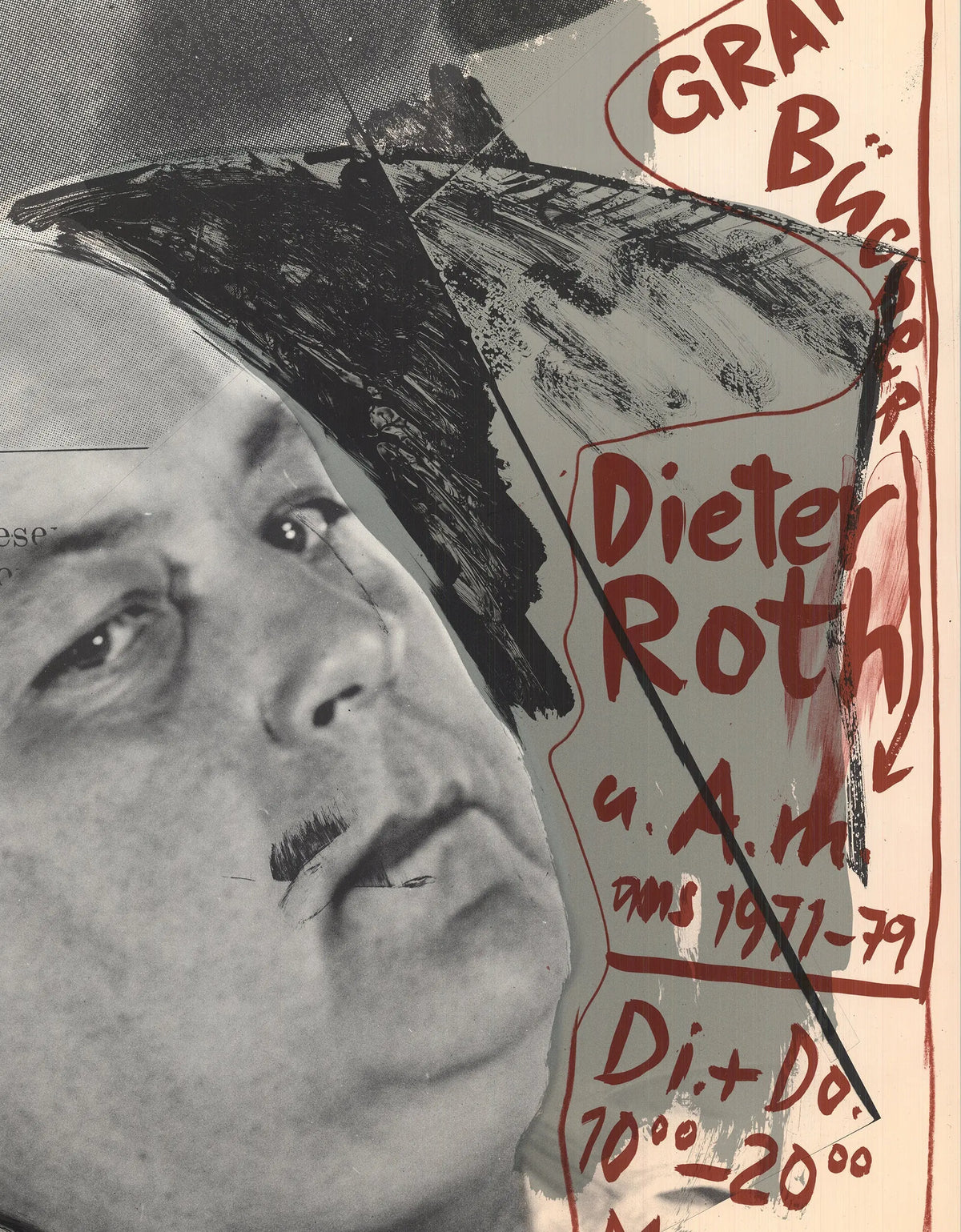 Original 1979 Dieter Roth lithograph poster featuring Bucher and graphic art from the exhibition, showcasing bold abstract designs.
