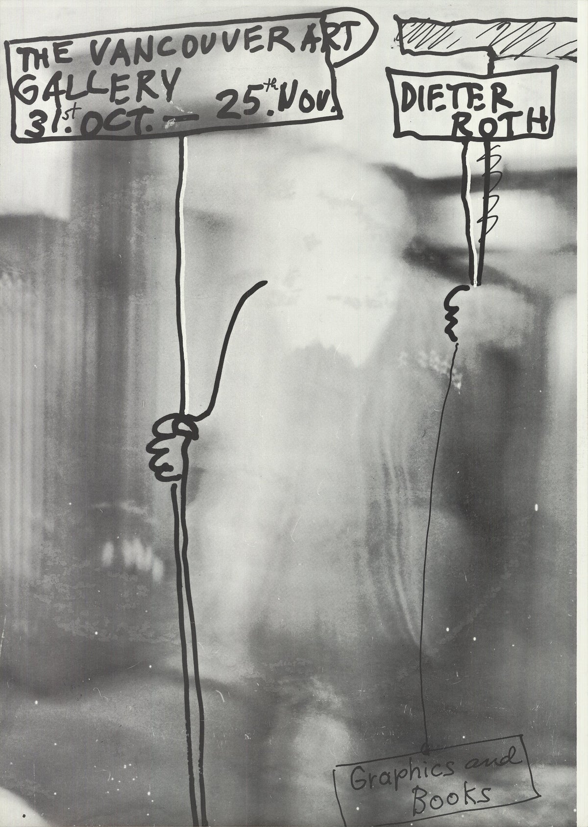Dieter Roth graphics and books exhibition offset lithograph art poster featuring abstract designs and text elements.