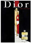 Vintage 1980 Dior Eau Sauvage perfume poster by Rene Gruau featuring a man shaving, classic Dior branding and elegant artwork.