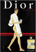 Vintage 1980 Dior Eau Sauvage perfume poster by Rene Gruau featuring a stylish man with a towel, showcasing classic Dior fragrance art.