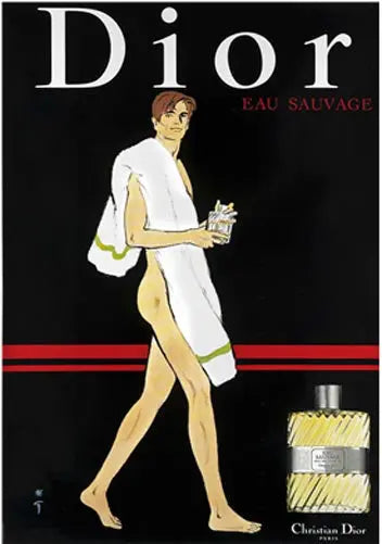 Vintage 1980 Dior Eau Sauvage perfume poster by Rene Gruau featuring a stylish man with a towel, showcasing classic Dior fragrance art.