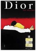 Vintage Dior Eau Sauvage perfume poster on linen featuring artwork by Rene Gruau, showcasing a stylish couple from 1980.