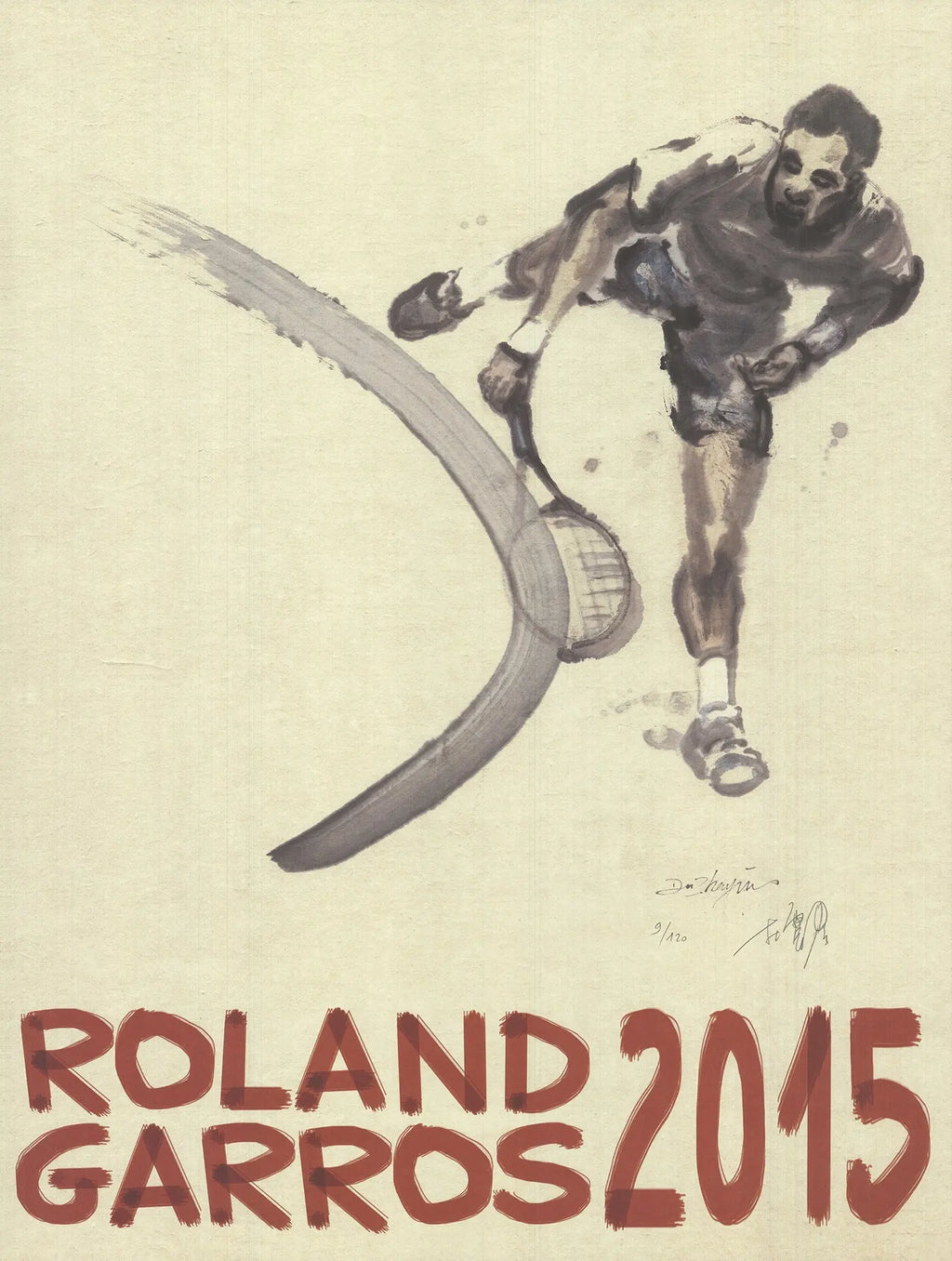 Original Du Zhenjun signed 2015 Roland Garros French Open offset lithograph, featuring vibrant tennis imagery and signature detail.