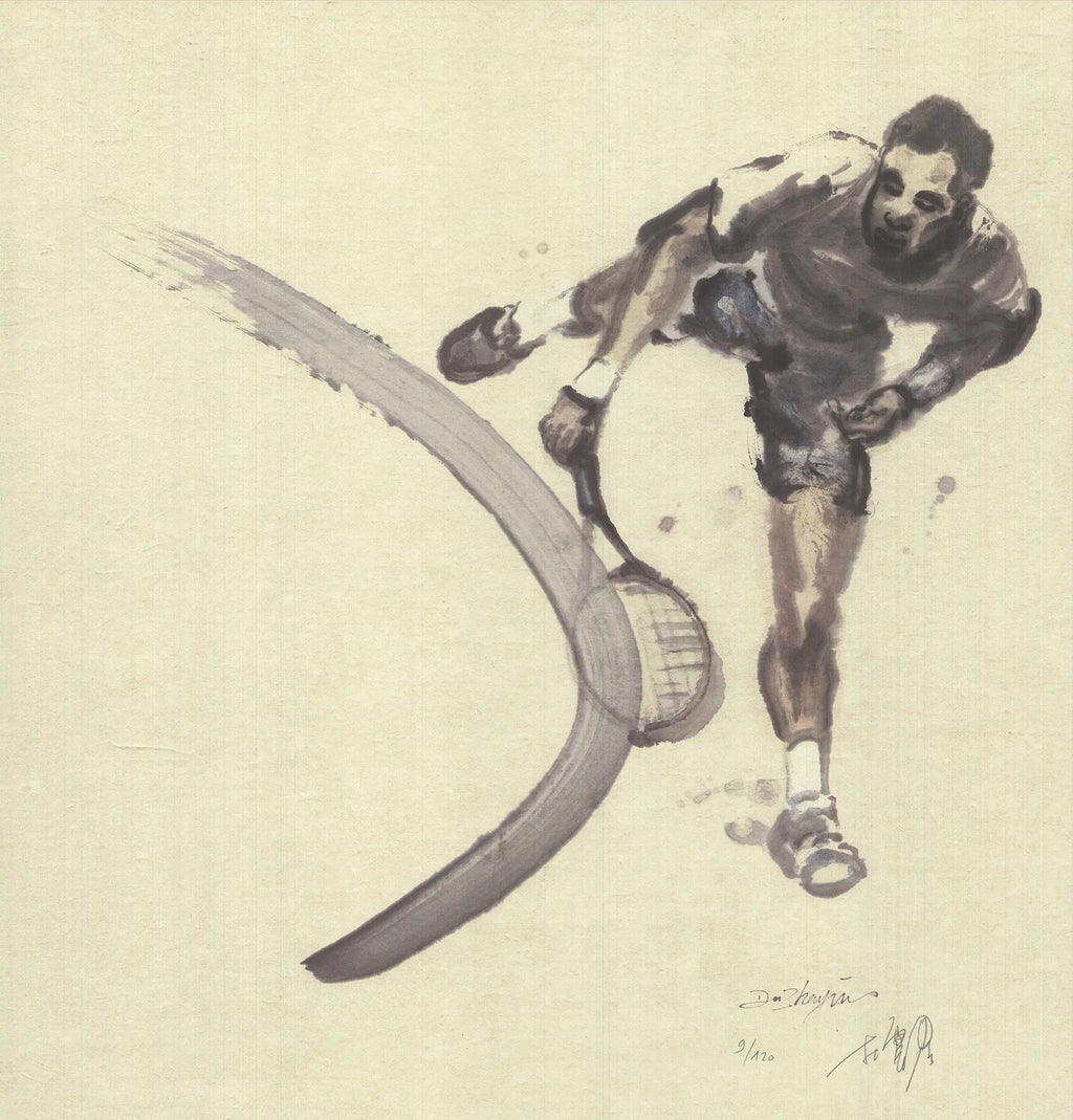Original Du Zhenjun signed 2015 Roland Garros French Open offset lithograph, featuring vibrant tennis artwork with signature detail.