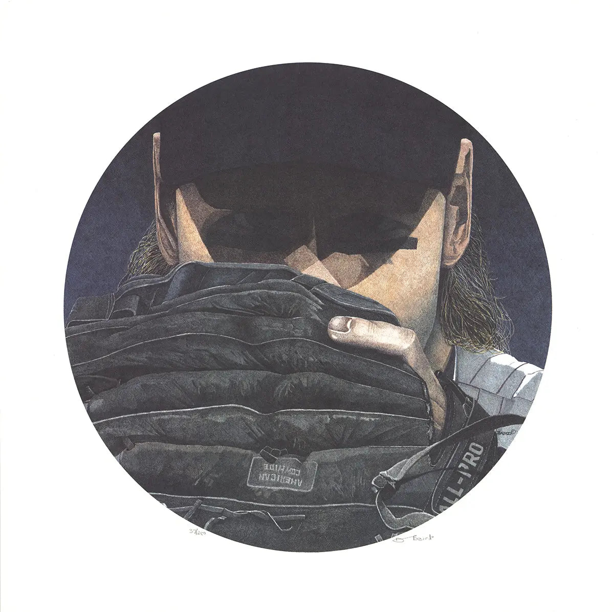 Dwight Baird Bearing Down hand-signed baseball lithograph art print featuring detailed baseball artwork with signature.