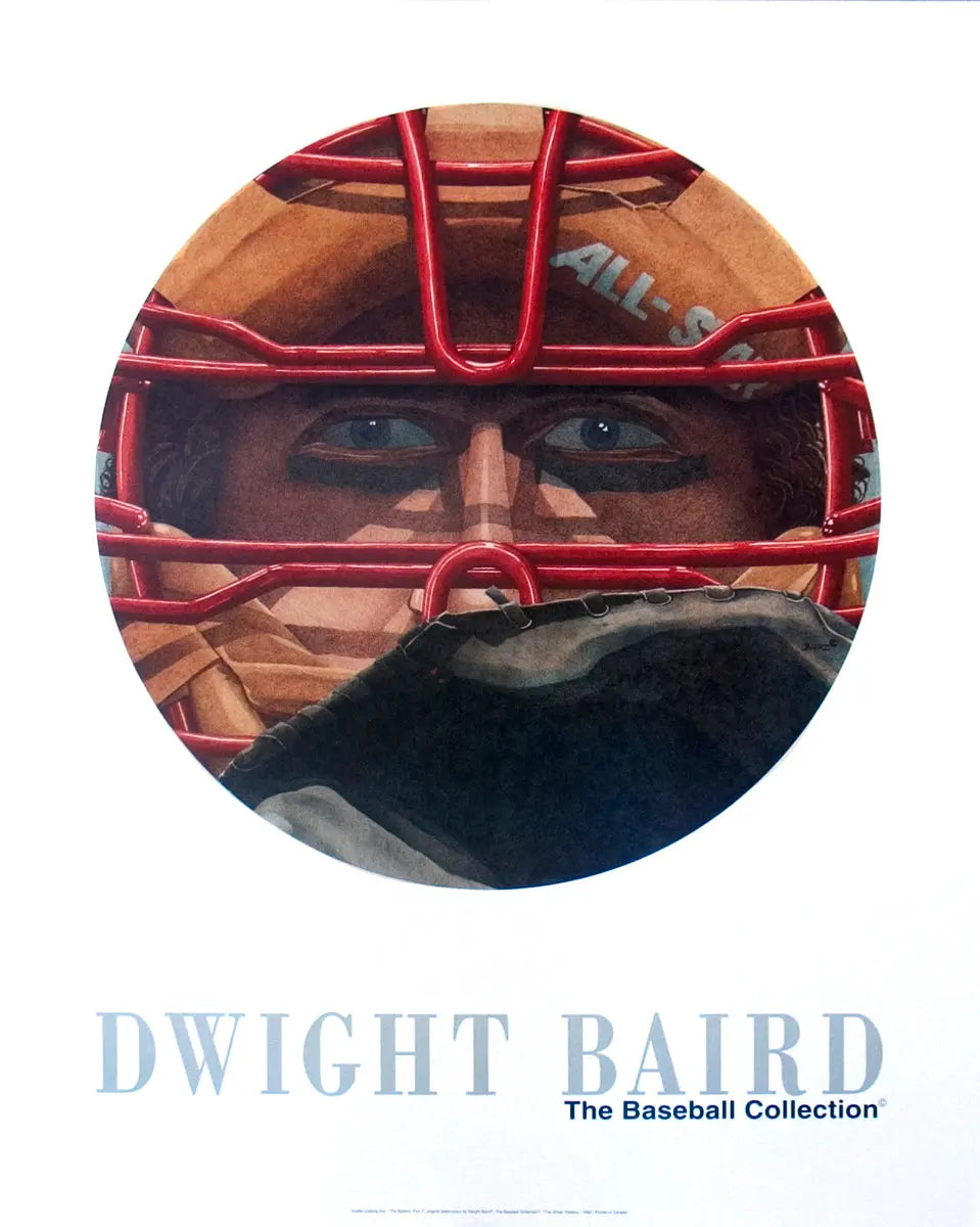Dwight Baird baseball offset lithograph art poster showing a figure inside looking out, with a vintage baseball theme.
