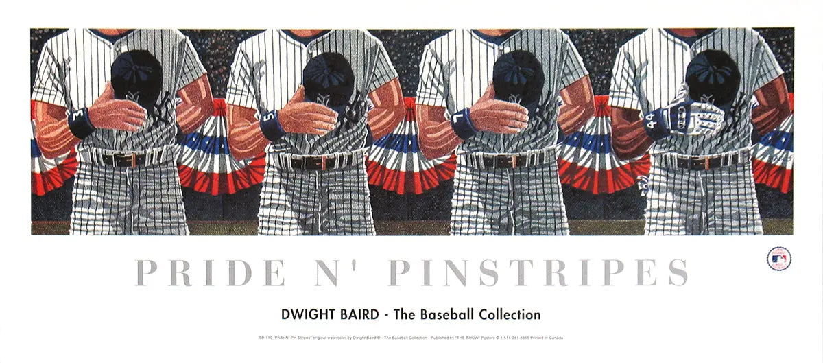 Dwight Baird Pride N' Pinstripes 1995 New York Yankees lithograph showing a vibrant baseball-themed artwork with Yankees branding.
