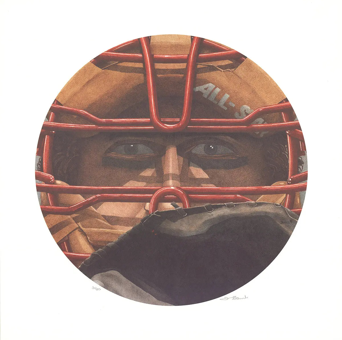 Signed Dwight Baird baseball lithograph titled "Inside Looking Out The Catcher" featuring a detailed image of a catcher in action.