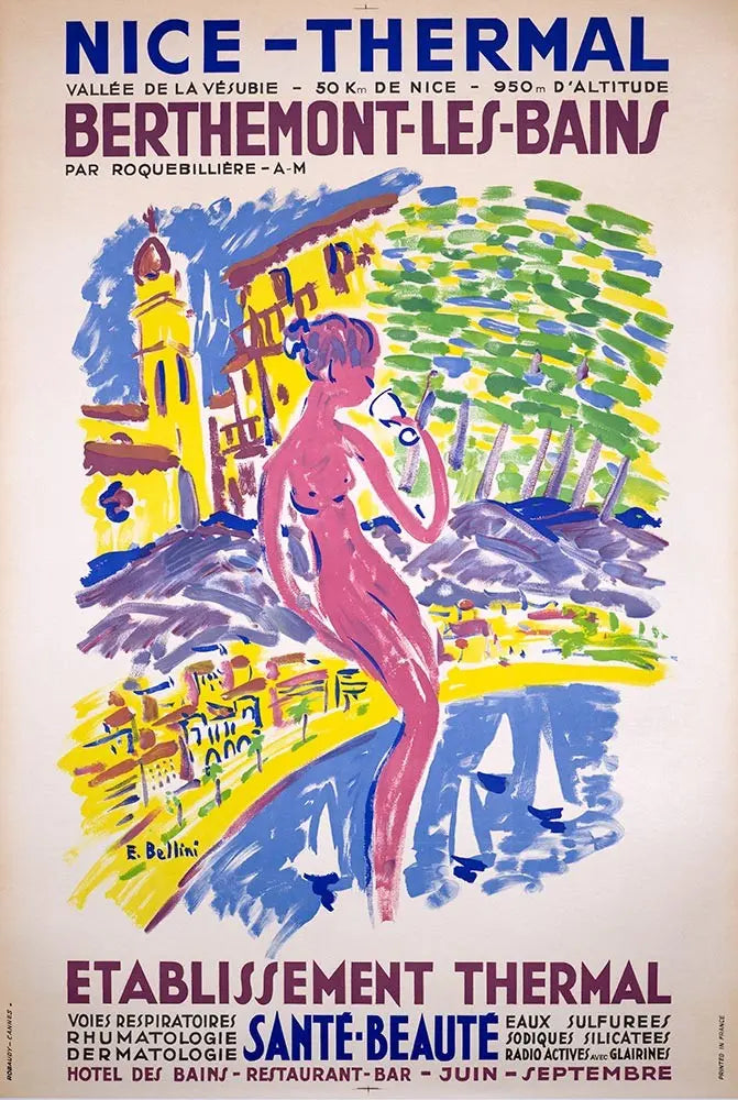 Vintage 1960 Nice Thermal Berthemont-les-Bains travel poster by E. Bellini, featuring colorful artwork of thermal spa resort.