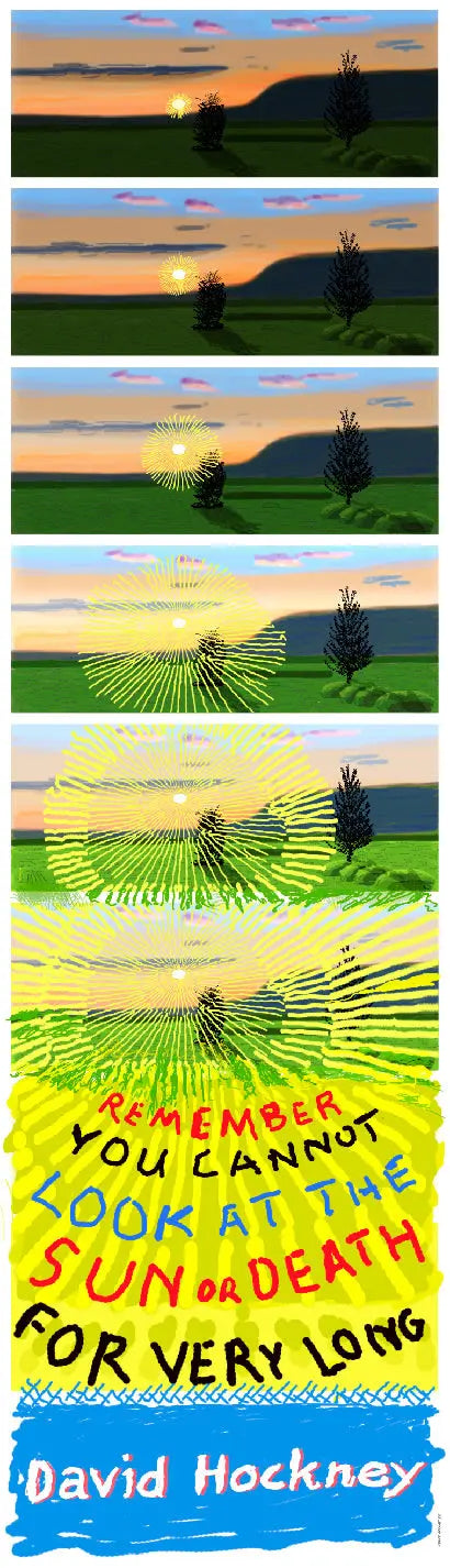 Colorful David Hockney lithograph print titled "Remember You Cannot Look at Sun" featuring bold, abstract shapes and vibrant hues.