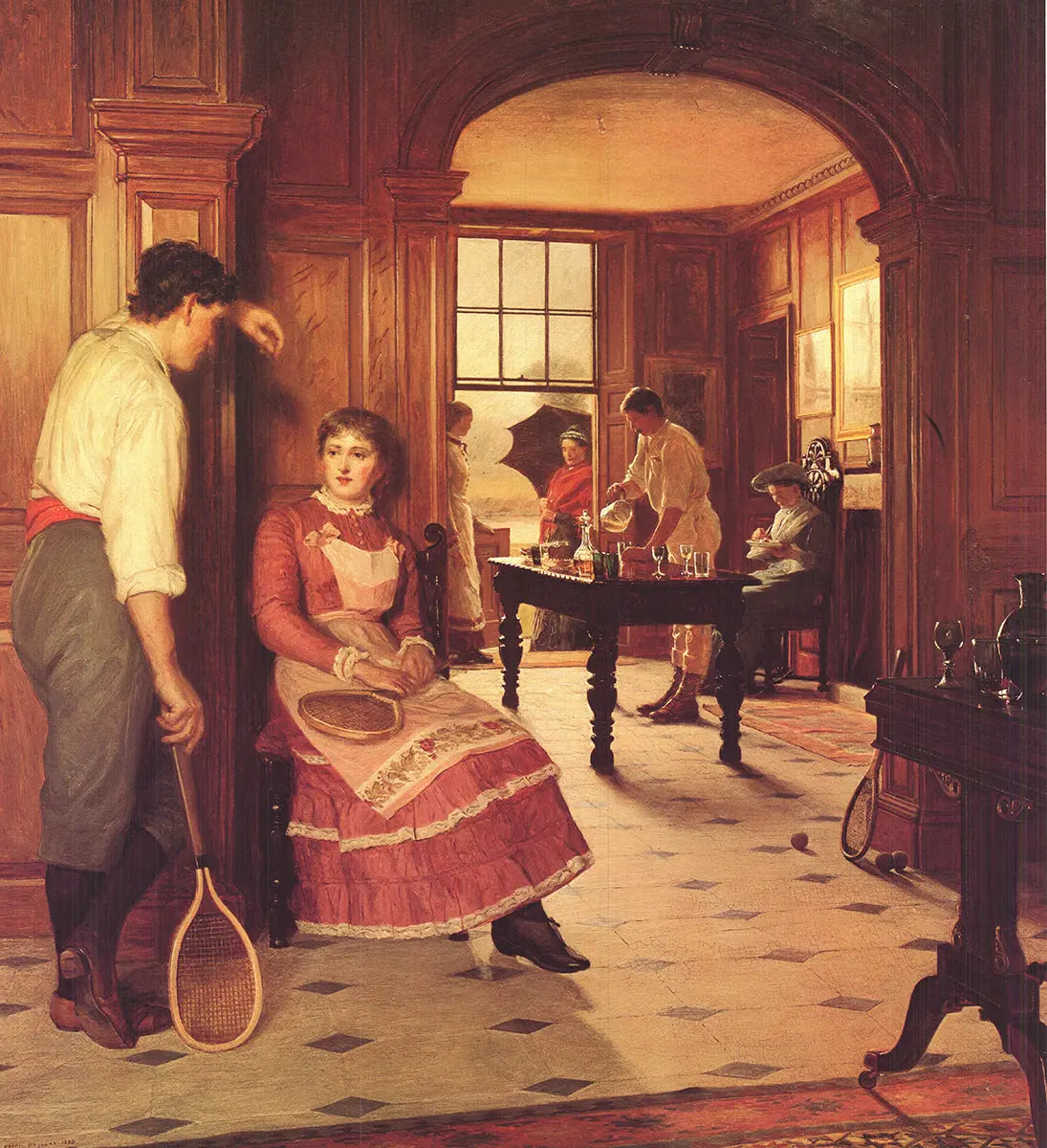 Victorian art poster by Edith Hayllar titled "A Summer Shower" from 1982, showcasing a woman in a summer dress under a parasol.
