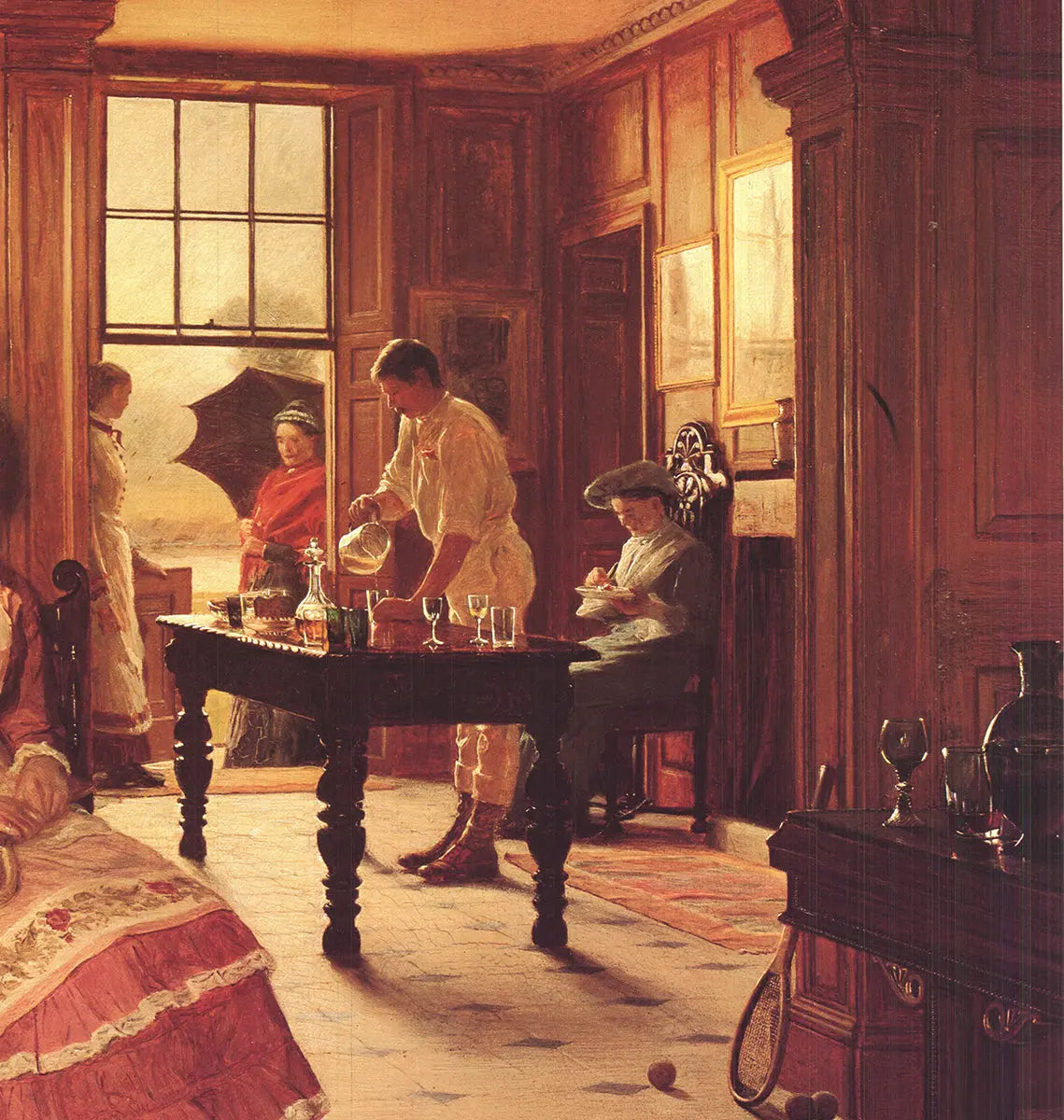Victorian art poster by Edith Hayllar titled "A Summer Shower" from 1982 Victorian Exhibition, featuring a woman in a summer dress.