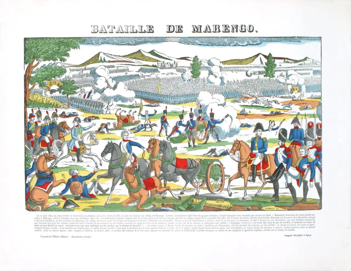 Historical woodblock art print of the Battle of Marengo by Editions Pellerin, depicting a 1912 historical scene.