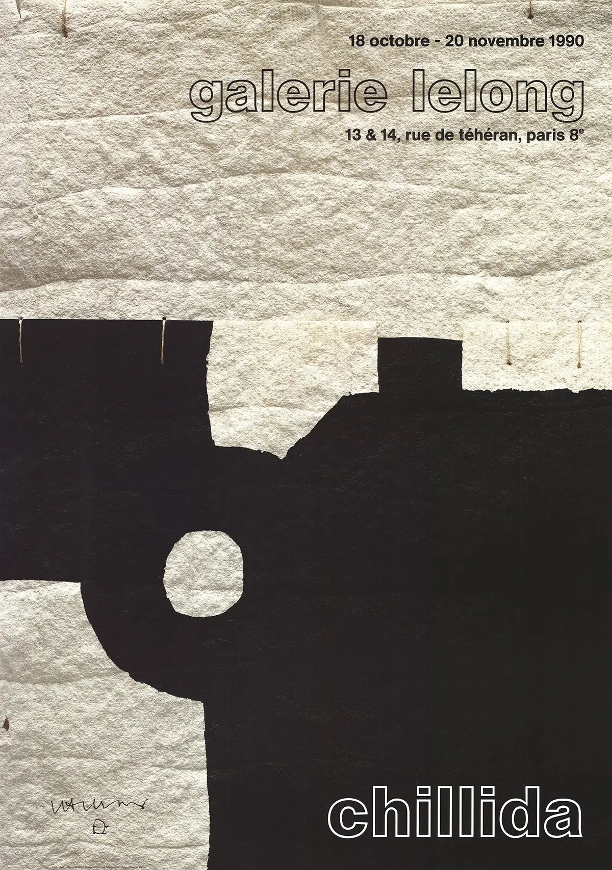 Original lithograph poster by Eduardo Chillida from the 1990 Galerie Lelong exhibition, showcasing abstract artwork and bold lines.