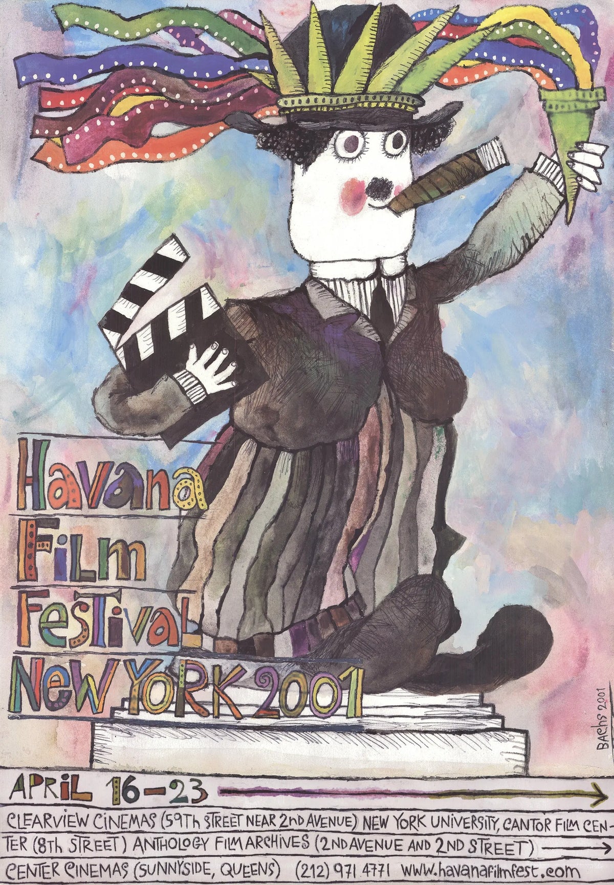 Offset lithograph poster by Eduardo Munoz Bachs for Havana Film Festival 2001, featuring vibrant artistic design and festival imagery.