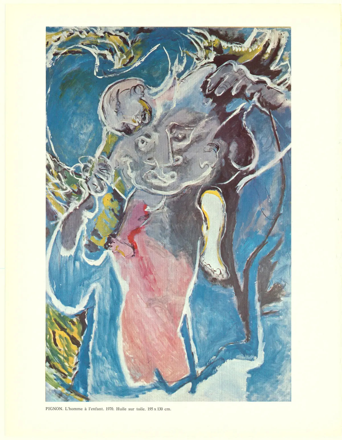 Abstract offset lithograph print of "L'Homme à L'Enfant" by Eduouard Pignon, featuring bold shapes and vibrant colors from 1970.