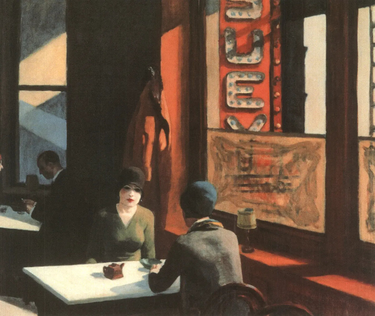 Edward Hopper Chop Suey 1996 offset lithograph fine art print showing a restaurant scene with diners and vibrant colors.