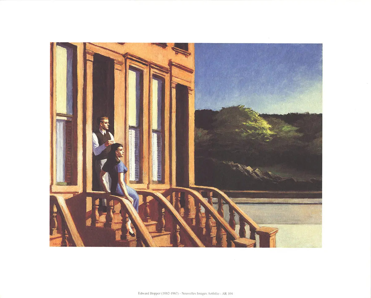 Edward Hopper Sunlight on the Brownstones 1997 art print poster showing sunlight illuminating brownstone buildings.