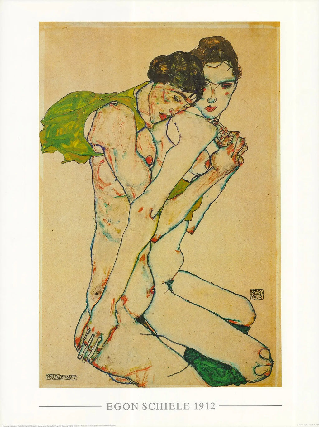 Egon Schiele Friendship 1912 expressionist offset lithograph art poster featuring bold, abstract figures in vibrant colors.
