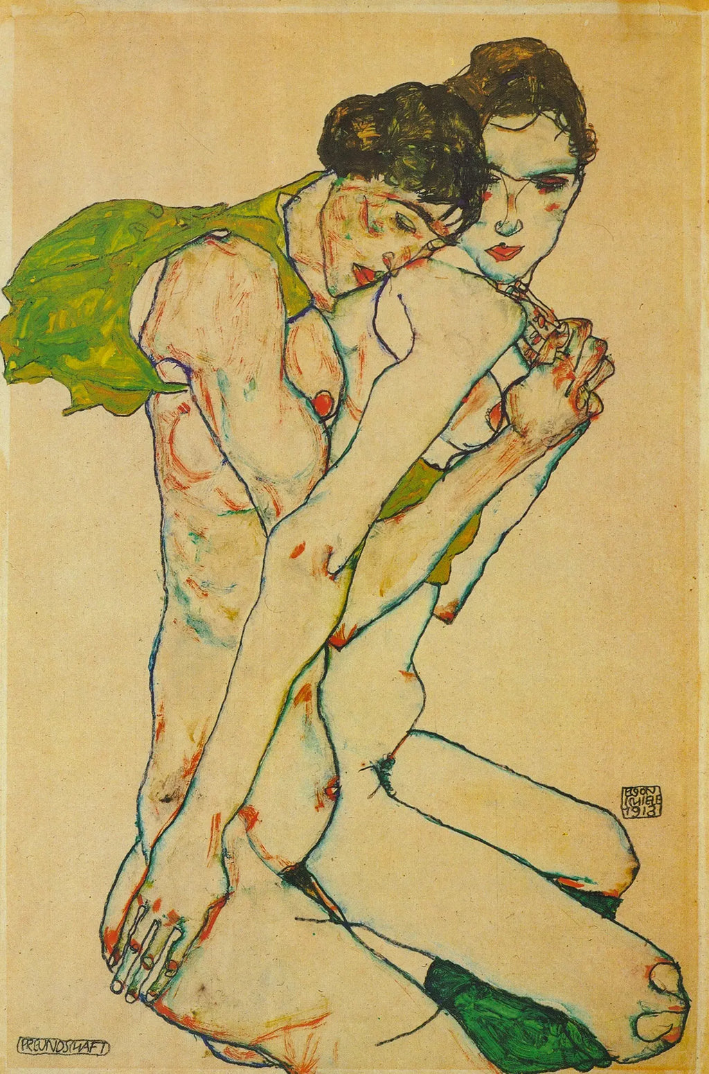 Egon Schiele Friendship 1912 expressionist offset lithograph art poster featuring bold lines and vivid imagery by the artist.