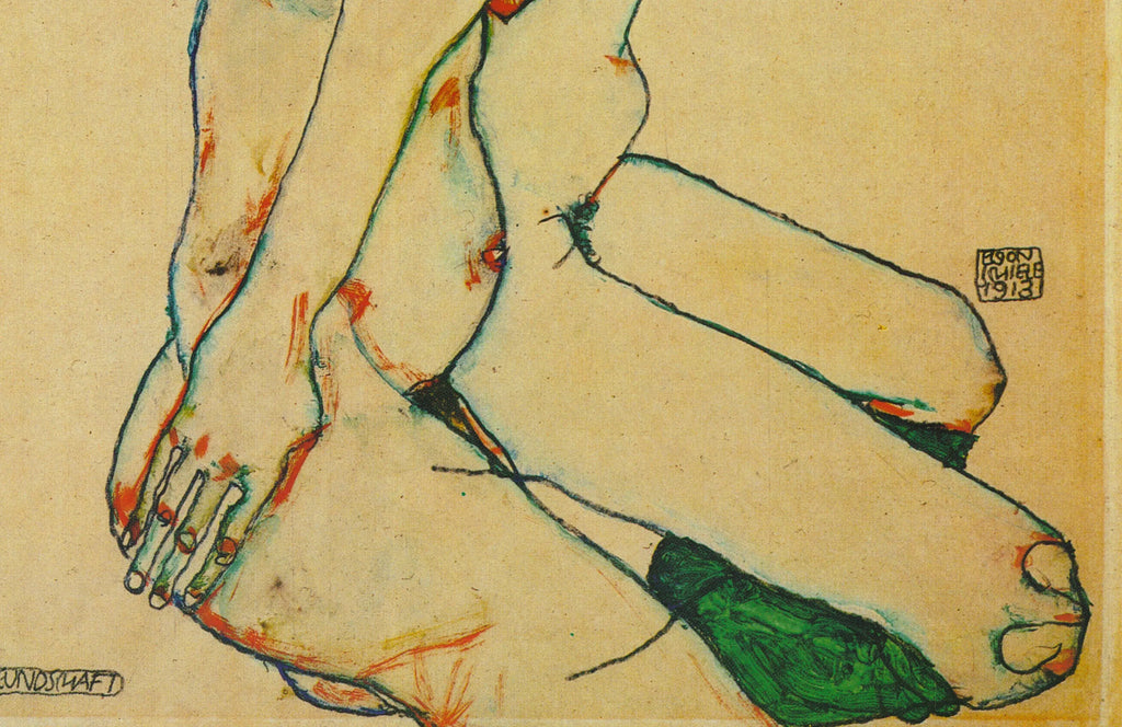 Egon Schiele Friendship 1912 expressionist offset lithograph art poster showing figures in bold, vibrant colors and dynamic composition.