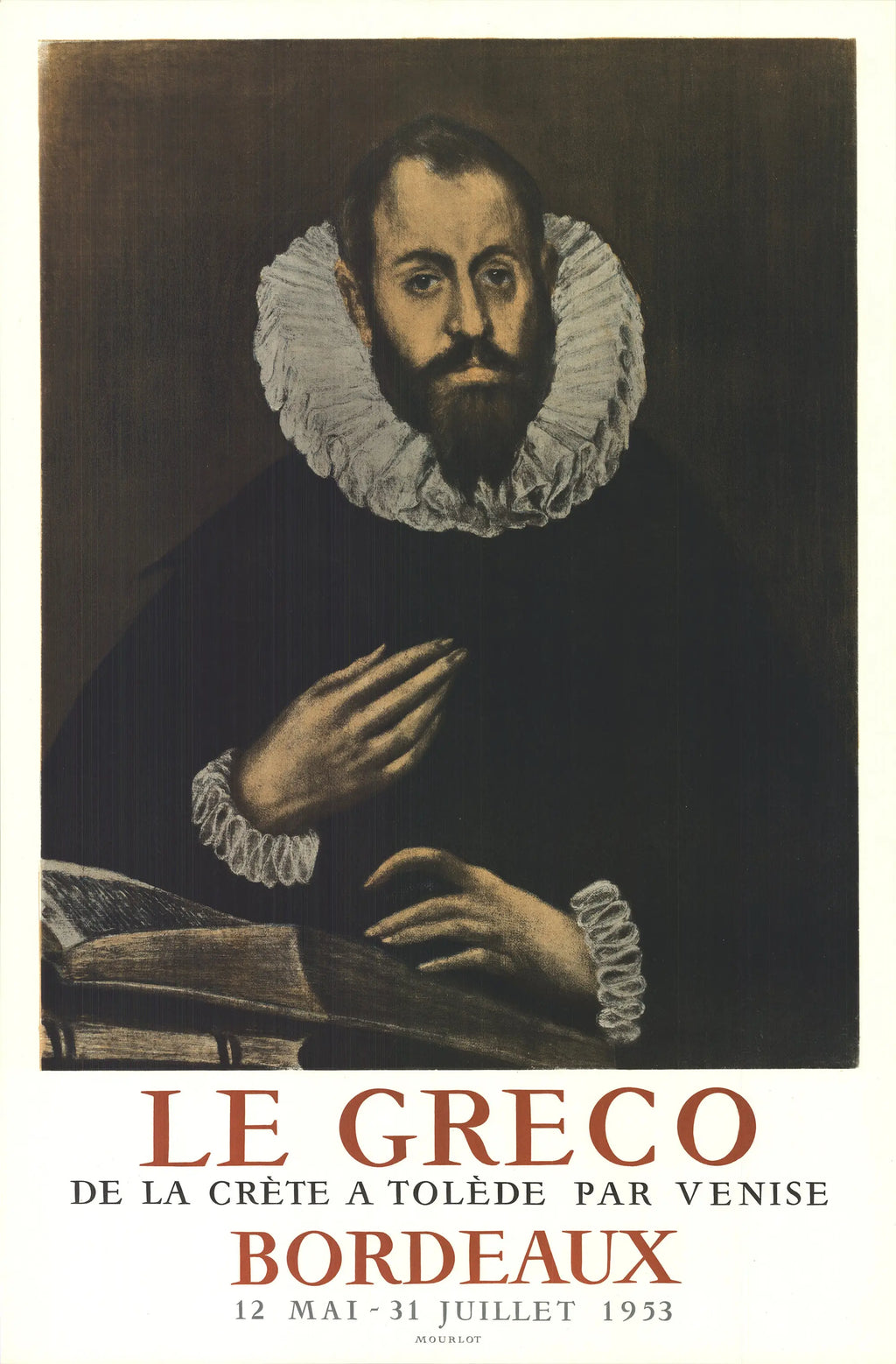 El Greco Nobleman with Hand on Chest 1953 Mourlot lithograph poster showing a distinguished man in historical attire.
