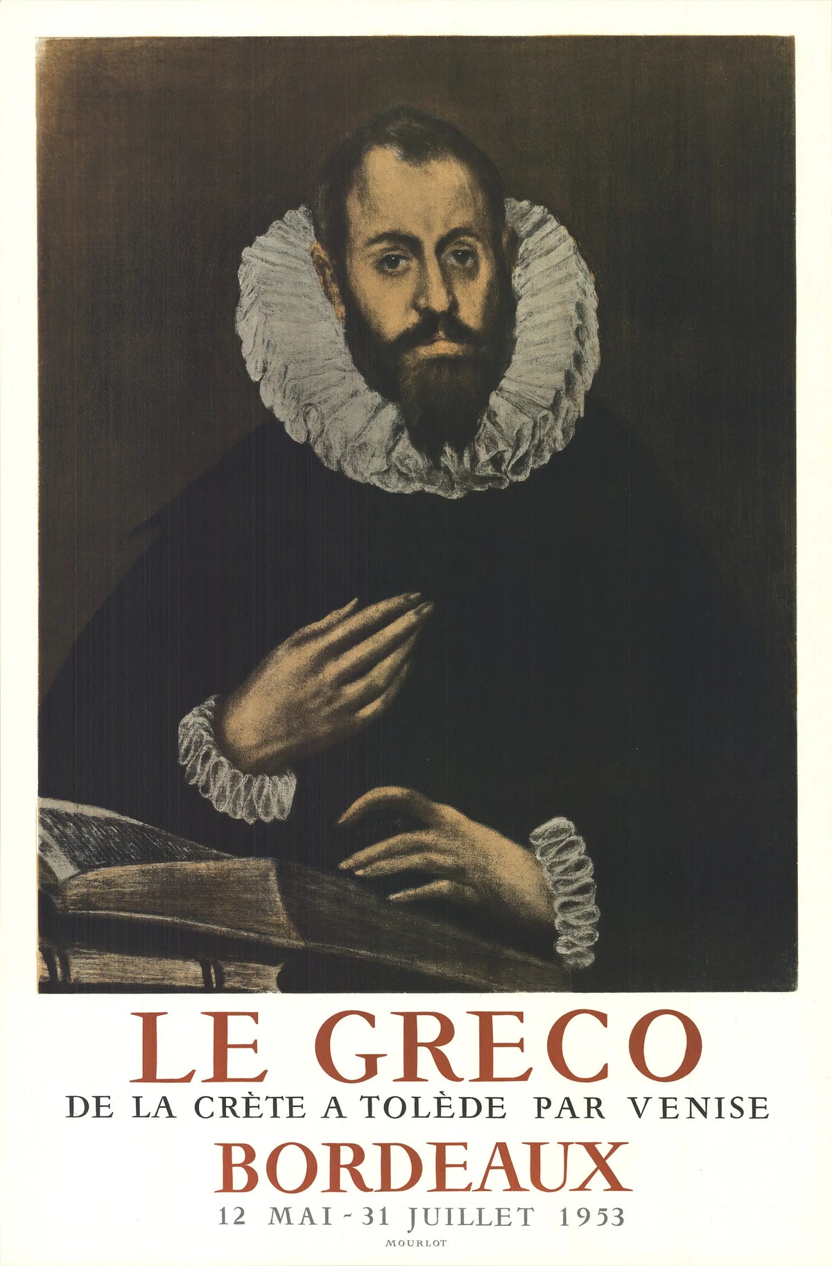 El Greco Nobleman with Hand on Chest 1953 Mourlot lithograph poster showing a distinguished man in historical attire.