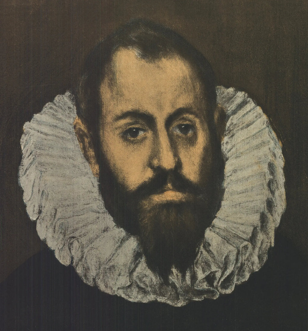 El Greco Nobleman with Hand on Chest 1953 Mourlot lithograph poster showing a distinguished man in formal attire.
