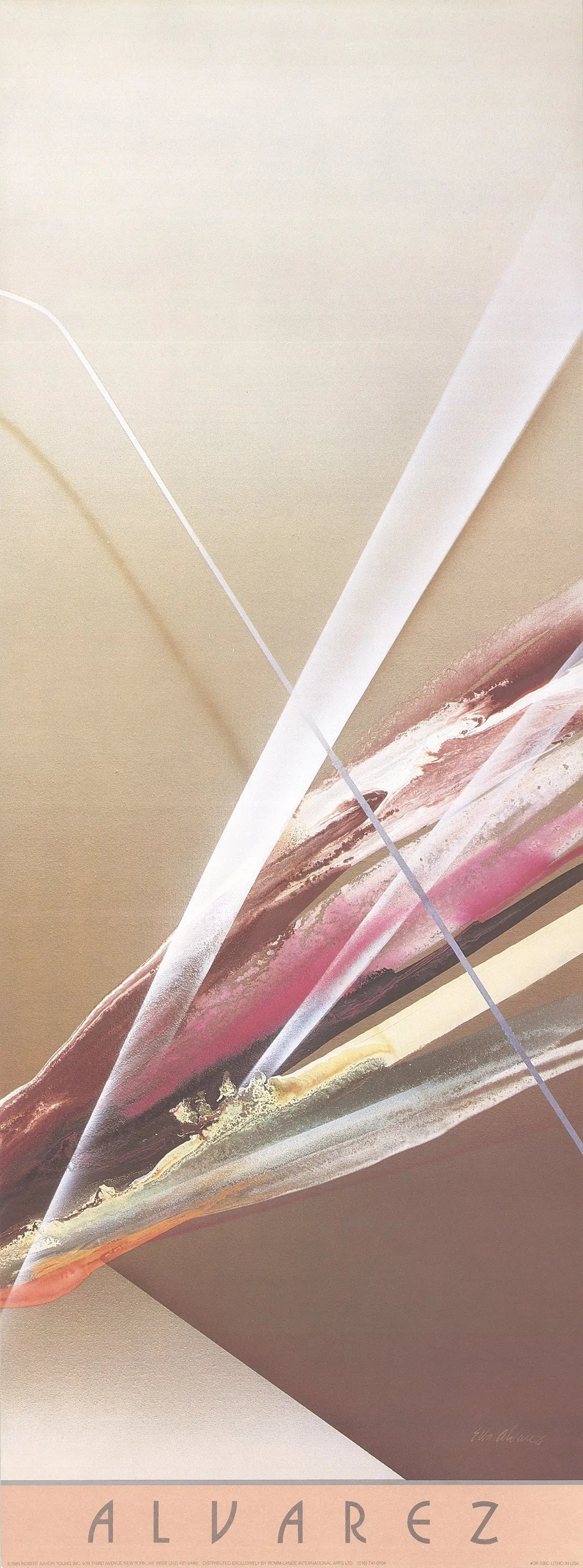 Elba Alvarez Verticality 1985 vintage abstract offset lithograph art poster featuring bold geometric shapes and vibrant colors.