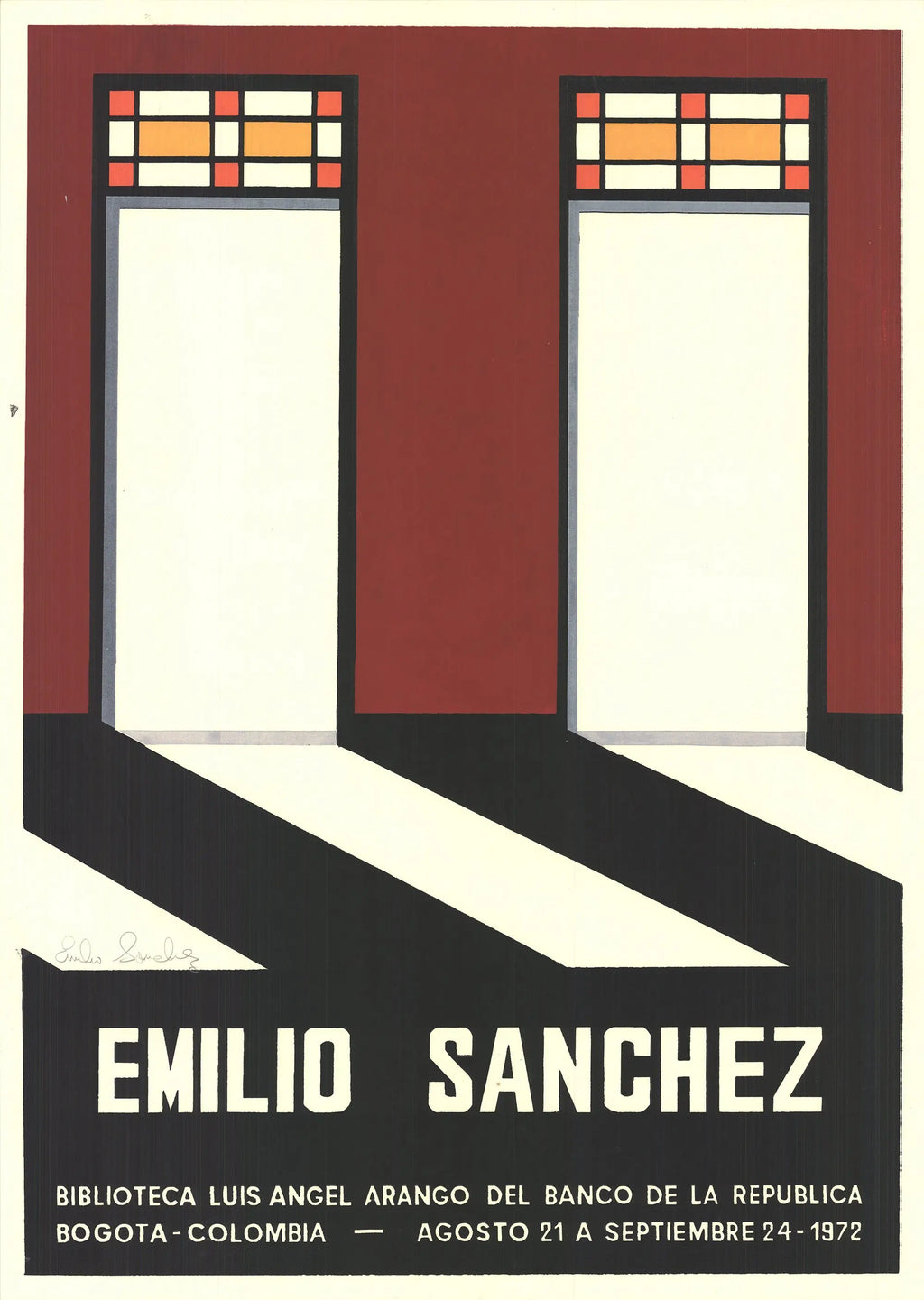 Emilio Sanchez Doorways 1972 signed original serigraph art poster showing abstract doorway designs in vibrant colors.