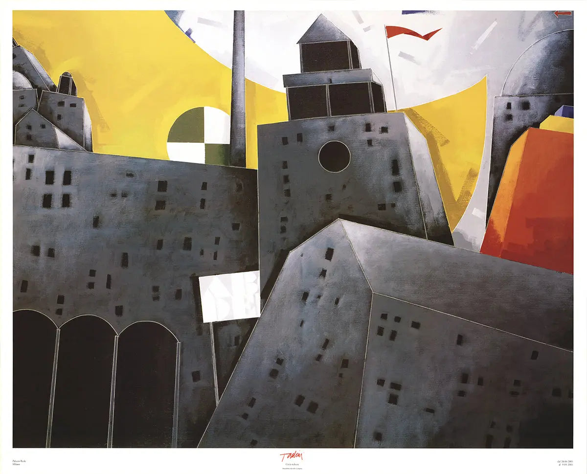 Large Emilio Tadini Palazzo Reale offset lithograph art poster, featuring bold abstract designs in vibrant colors.