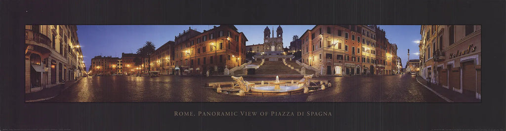 Emmanuele Brambilla Rome Piazza di Spagna panoramic offset lithograph poster showing Spanish Steps and vibrant cityscape.