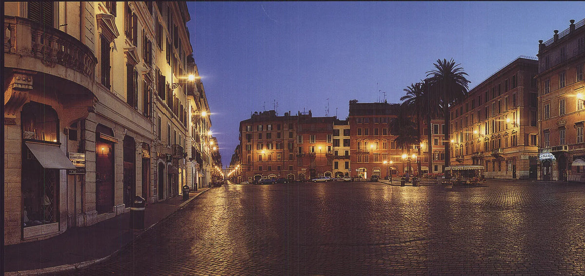 Emmanuele Brambilla Rome Piazza di Spagna panoramic offset lithograph poster showcasing a vibrant cityscape scene.