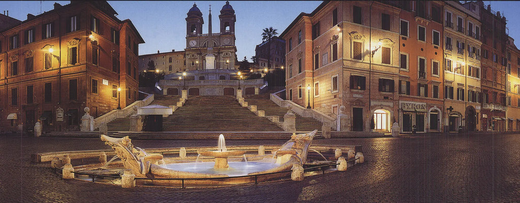 Emmanuele Brambilla Rome Piazza di Spagna panoramic offset lithograph poster showcasing Rome's Spanish Steps and vibrant cityscape.
