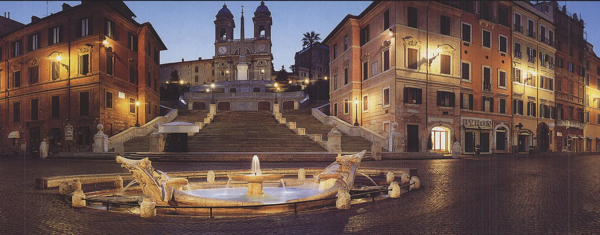 Emmanuele Brambilla Rome Piazza di Spagna panoramic offset lithograph poster showcasing Rome's Spanish Steps and vibrant cityscape.