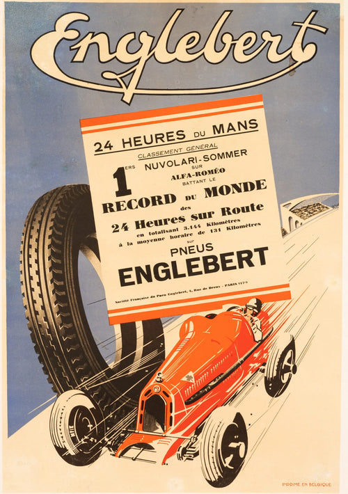 Englebert 1933 Le Mans Alfa Romeo 8C-2300 vintage poster featuring classic race car artwork