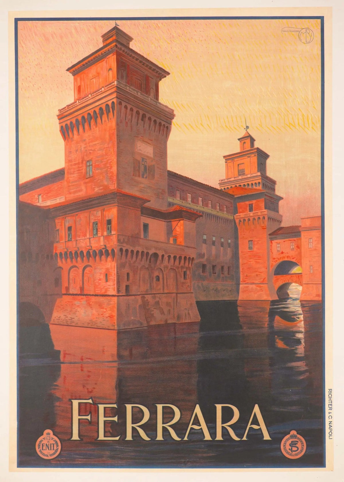 Vintage 1930 Ravenna Italian Railway lithograph poster by Giovanni Guerrini, showcasing historic railway travel in Italy.