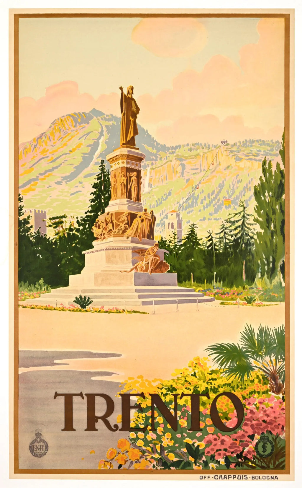 Vintage 1925 ENIT Italian Railway Trento stone lithograph poster featuring Trento cityscape and historic railway imagery.