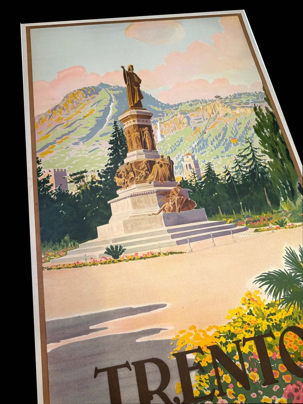 Vintage 1925 Trento ENIT Italian Railway stone lithograph poster featuring historic Trento scenery and travel imagery.