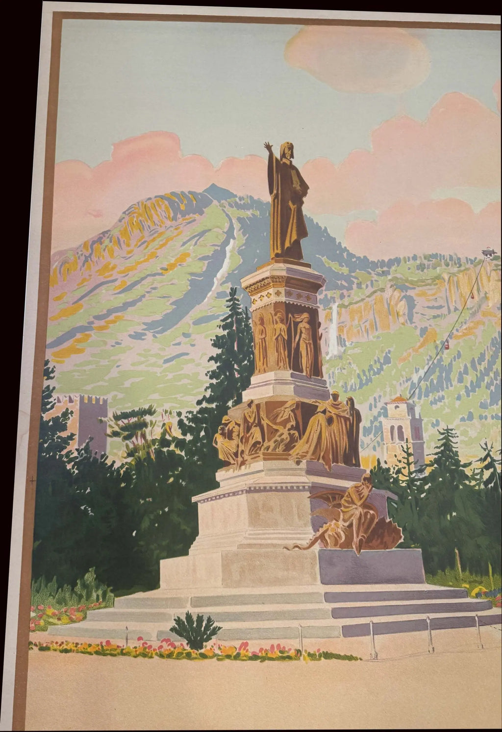 Vintage 1925 ENIT Italian Railway lithograph poster featuring Trento landscape and historic train illustration.