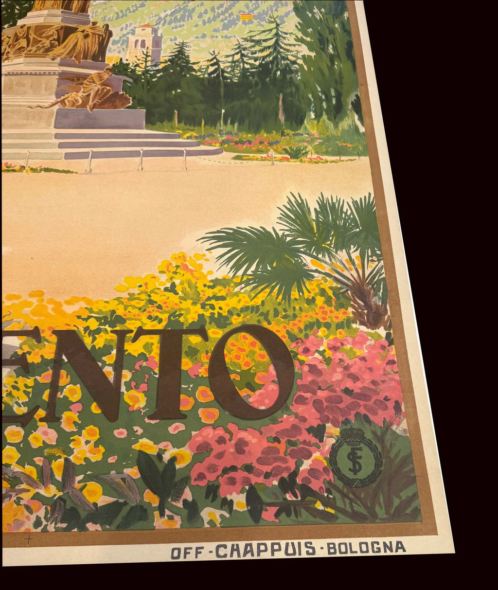 Vintage 1925 ENIT Italian Railway Trento lithograph poster featuring scenic Trento and historic design elements.