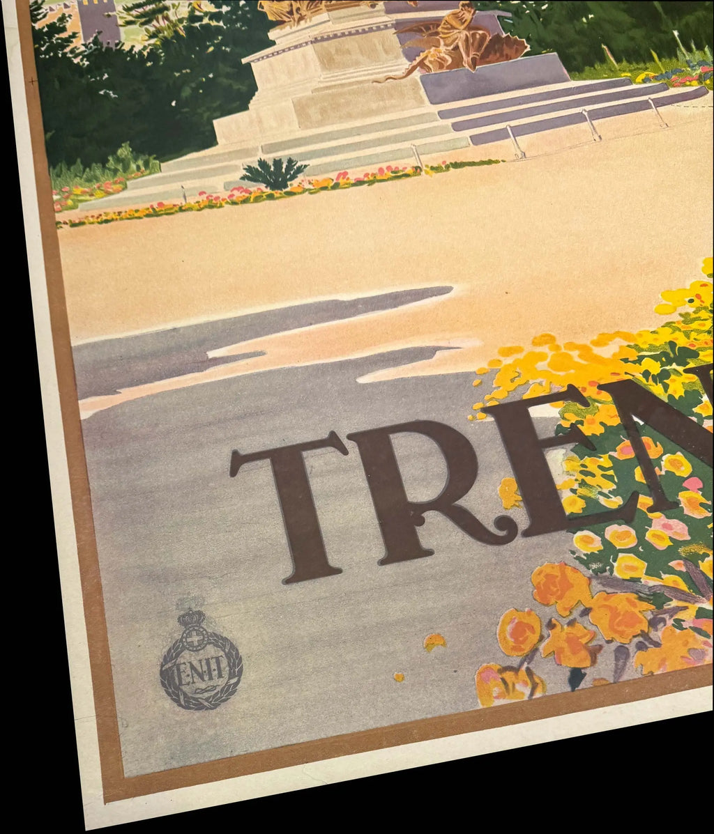 Vintage 1925 ENIT Italian Railway Trento lithograph poster featuring scenic views and historic train imagery.