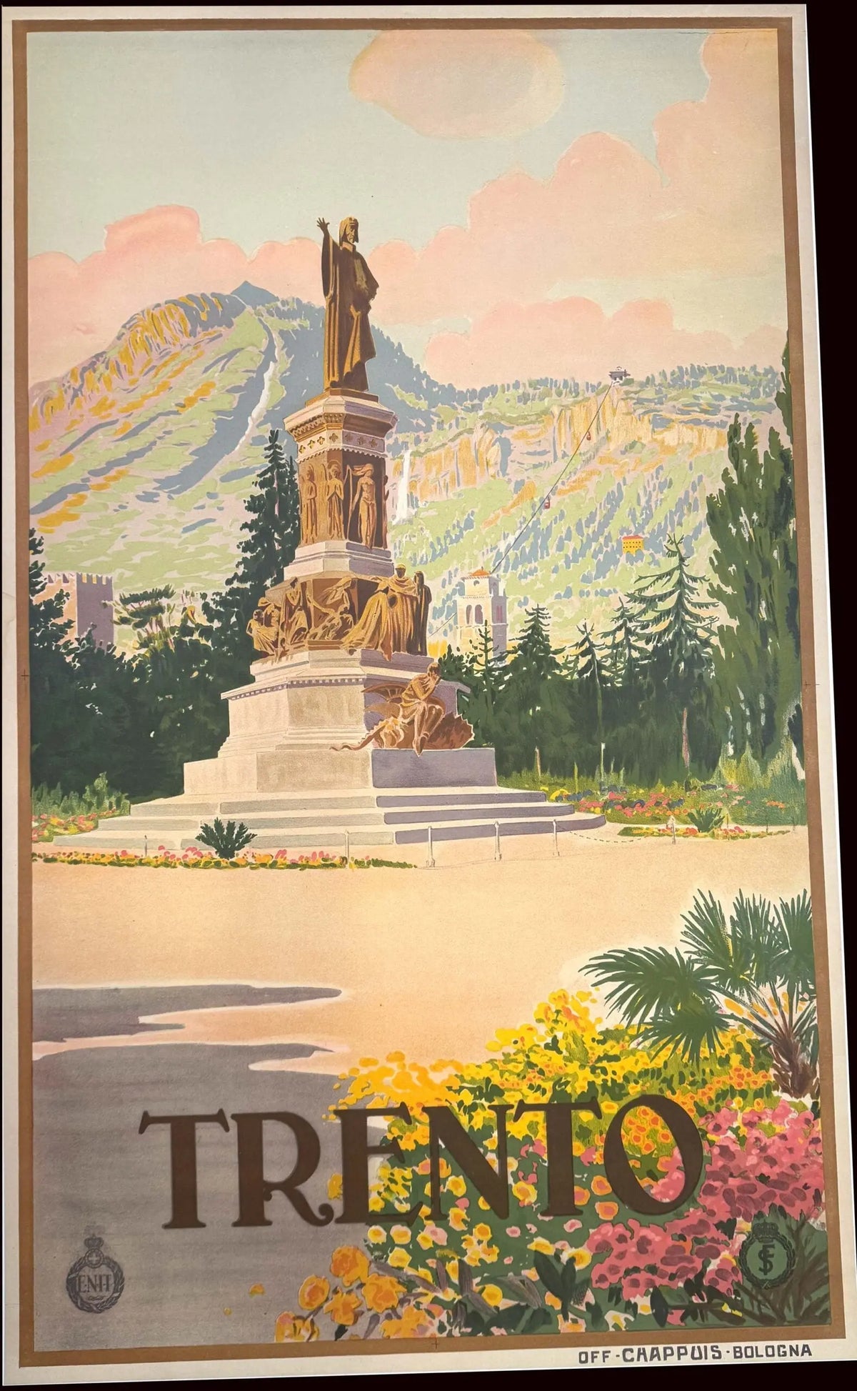 Vintage 1925 ENIT Italian Railway Trento lithograph poster showcasing historic Trento scenery and artistic stone print style.