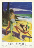Eric Fischl Kids at the Beach 1986 lithograph poster showing children playing on the beach, displayed at the Whitney Museum.